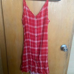 Size M/8 short red plaid button up spaghetti strap dress